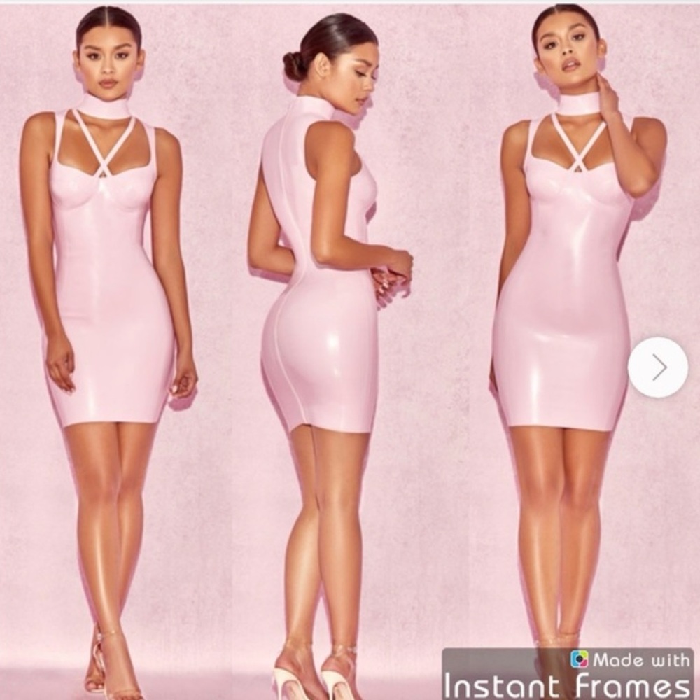 HOUSE OF CB 'Lysandra' Pink Latex Dress in S NEW Bodycon Mini with Choker